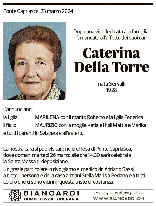 Annuncio funebre Caterina Della Torre