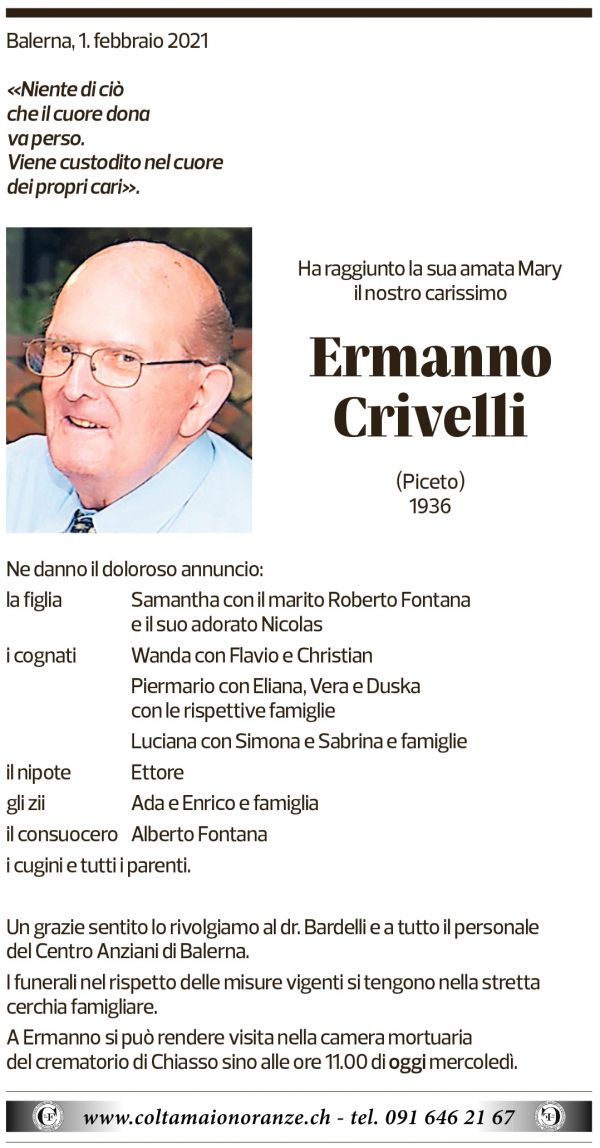 Annuncio funebre Ermanno Crivelli