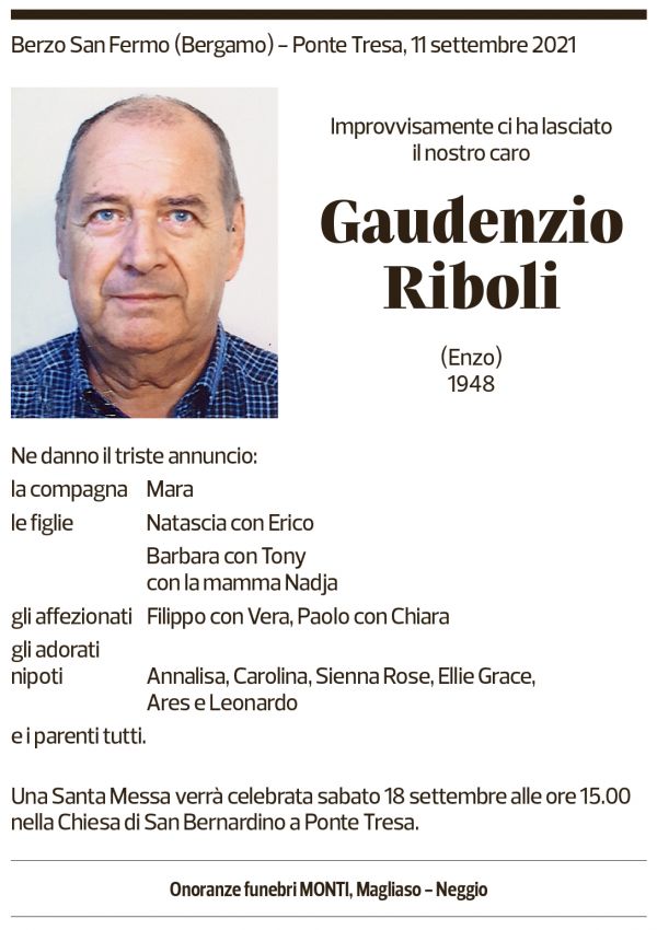 Annuncio funebre Gaudenzio Riboli