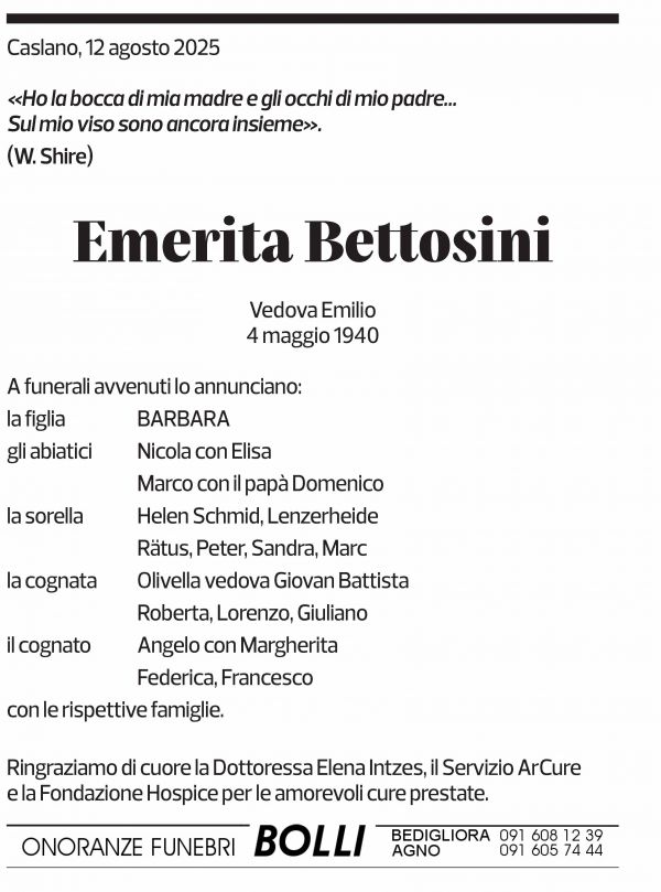 Annuncio funebre Emerita Bettosini