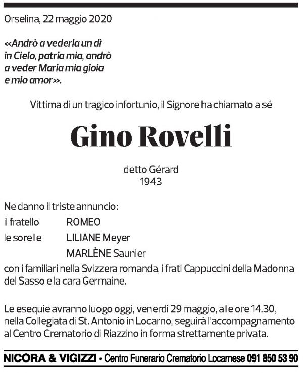 Annuncio funebre Gino Rovelli