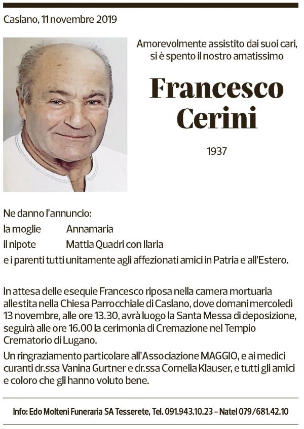 Annuncio funebre Francesco Cerini