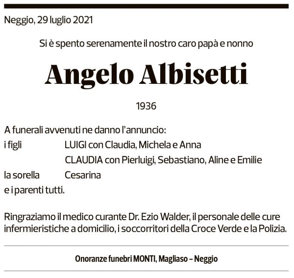 Annuncio funebre Angelo Albisetti