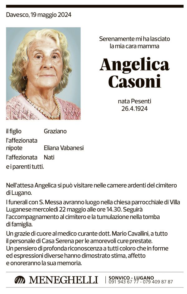 Annuncio funebre Angelica Casoni