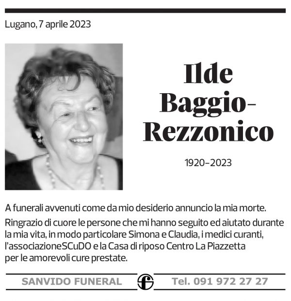 Annuncio funebre Ilde Baggio-rezzonico