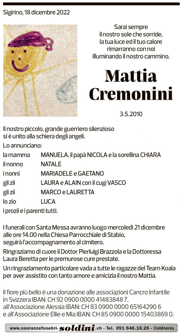 Annuncio funebre Mattia Cremonini