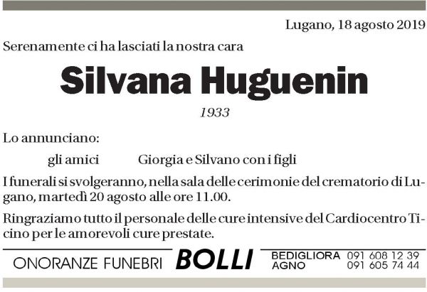 Annuncio funebre Silvana Huguenin