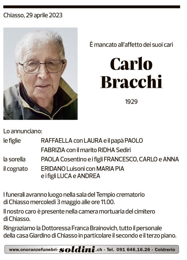 Annuncio funebre Carlo Bracchi