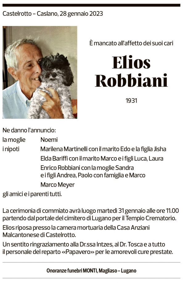 Annuncio funebre Elios Robbiani