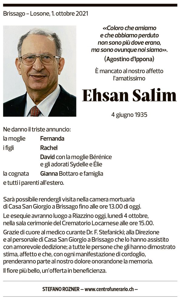 Annuncio funebre Ehsan Salim