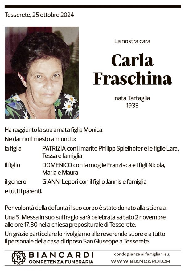 Annuncio funebre Carla Fraschina