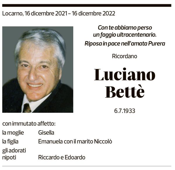 Annuncio funebre Luciano Bettè