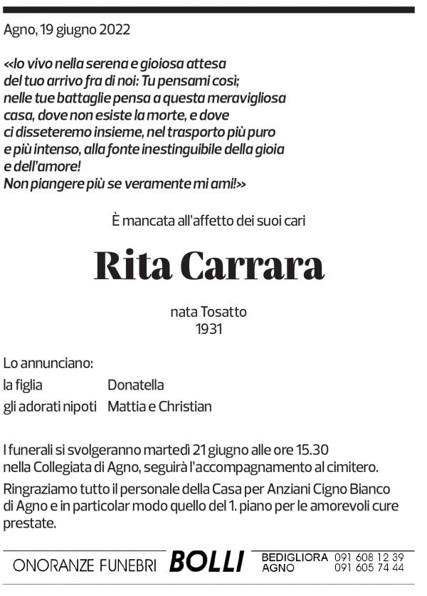 Annuncio funebre Rita Carrara