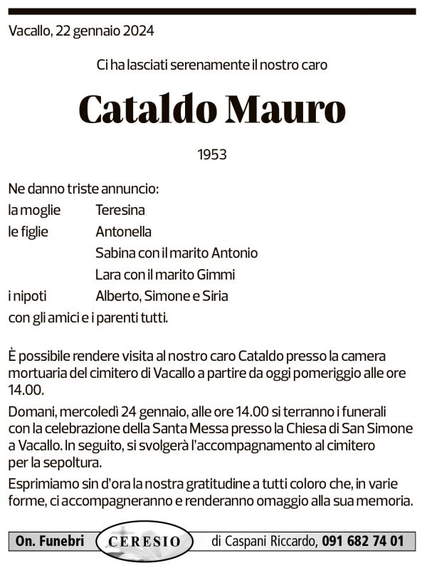 Annuncio funebre Cataldo Mauro