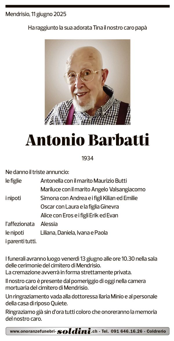 Annuncio funebre Antonio Barbatti