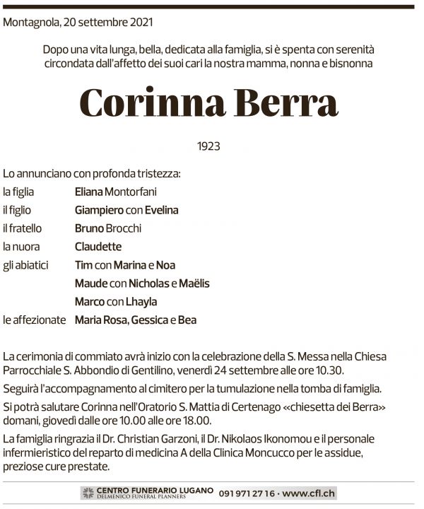 Annuncio funebre Corinna Berra