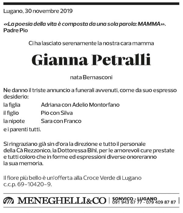 Annuncio funebre Gianna Petralli