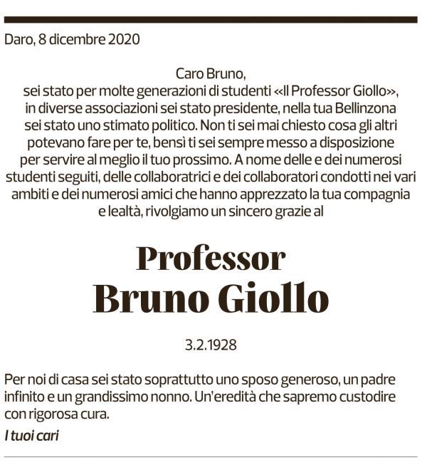 Annuncio funebre Bruno Giollo