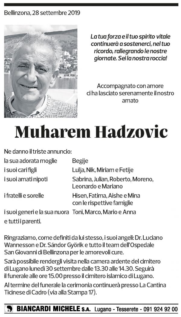 Annuncio funebre Muharem Hadzovic