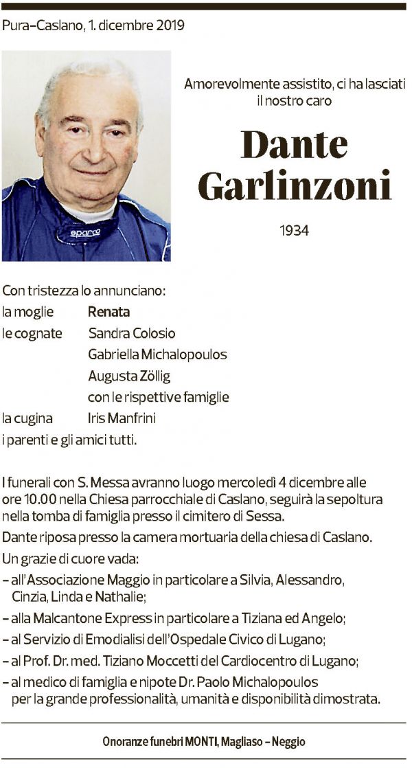 Annuncio funebre Dante Garlinzoni