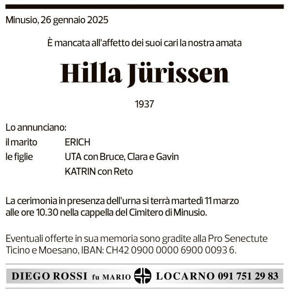 Annuncio funebre Hilla Jürissen