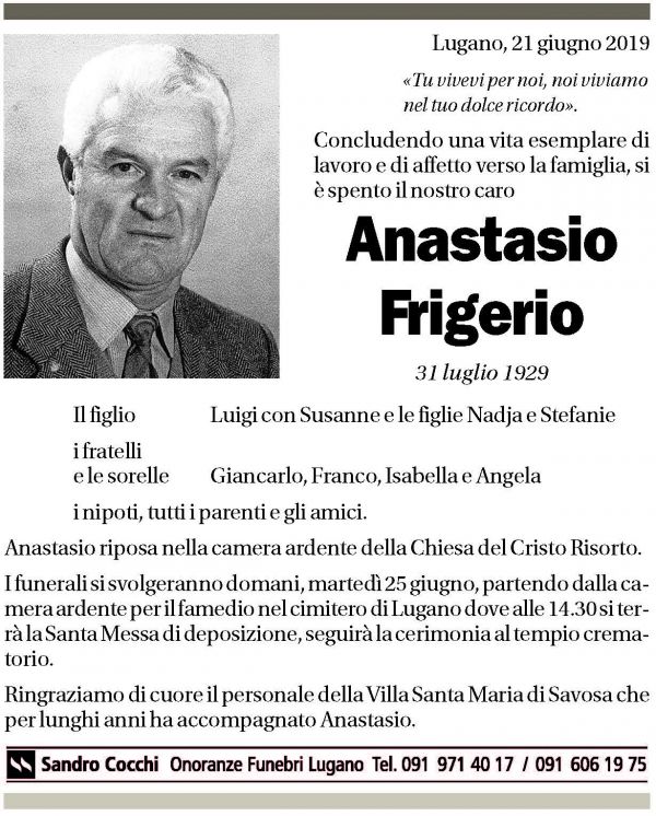 Annuncio funebre Anastasio Frigerio