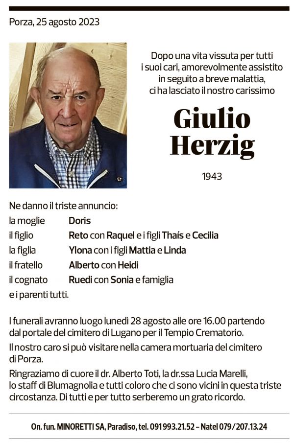 Annuncio funebre Giulio Herzig