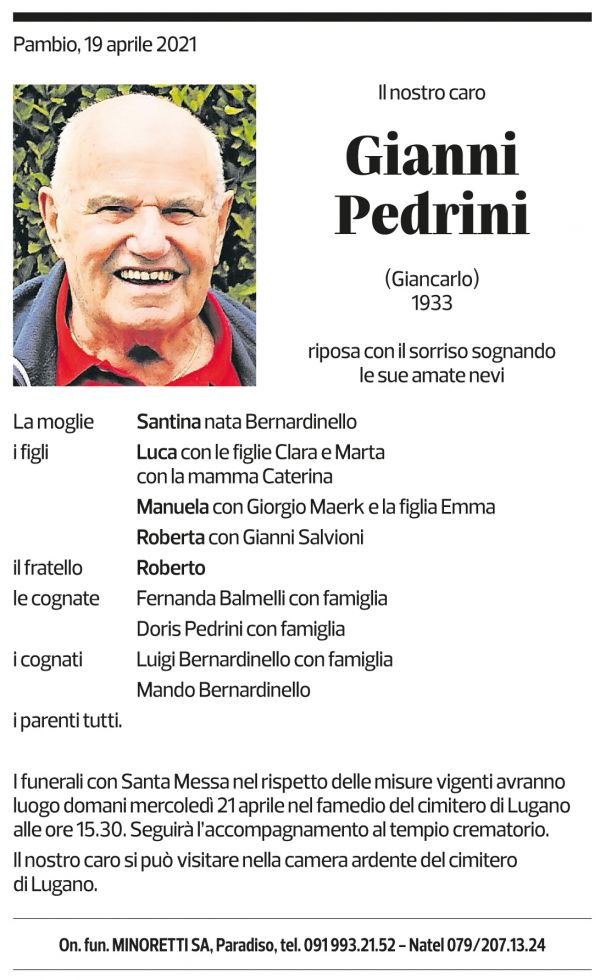 Annuncio funebre Gianni Pedrini