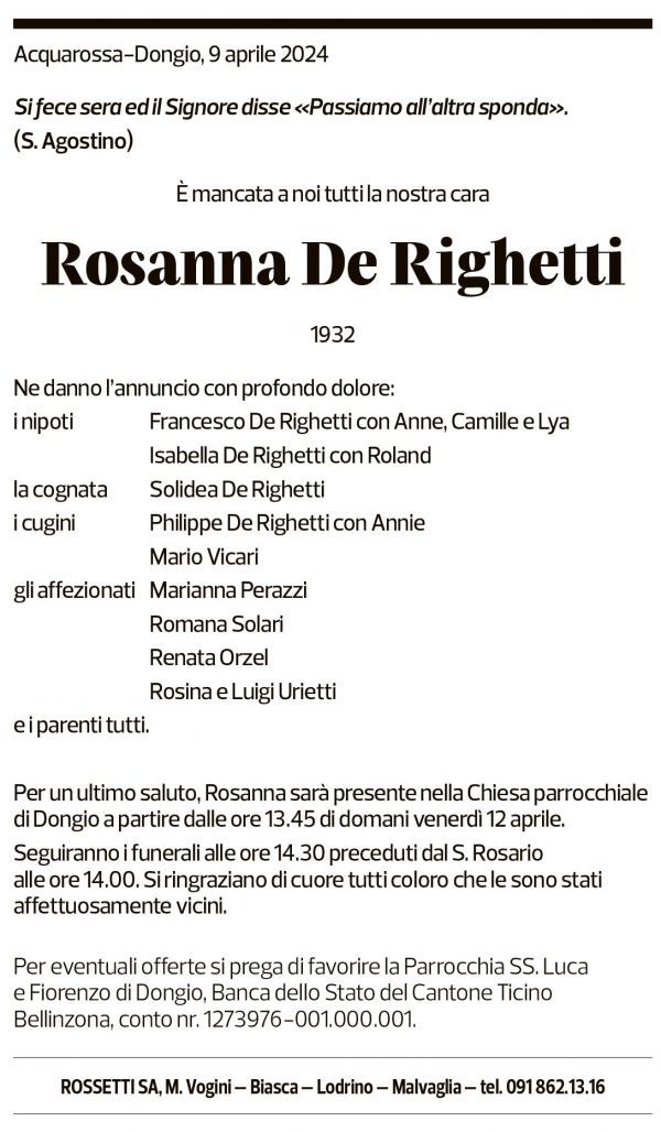 Annuncio funebre Rosanna De Righetti