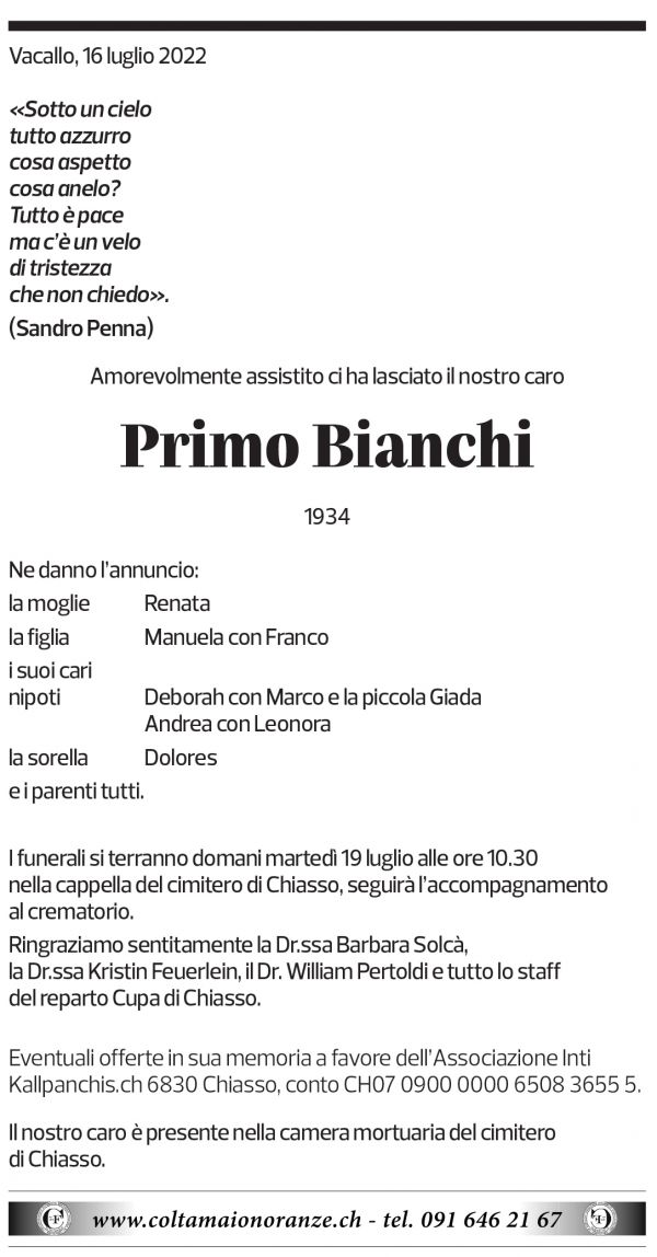 Annuncio funebre Primo Bianchi