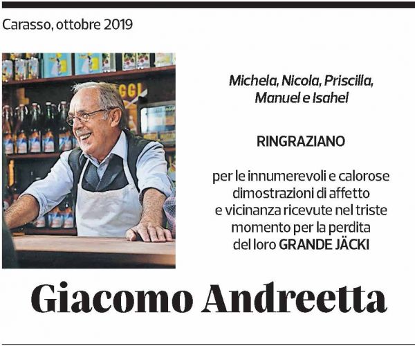 Annuncio funebre Giacomo Andreetta