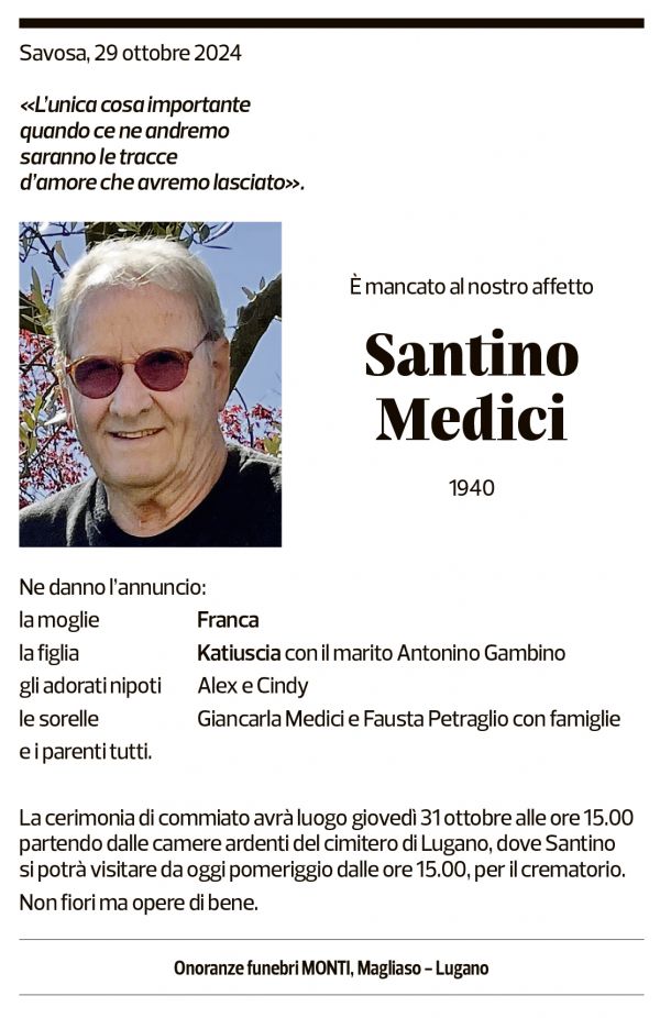 Annuncio funebre Santino Medici