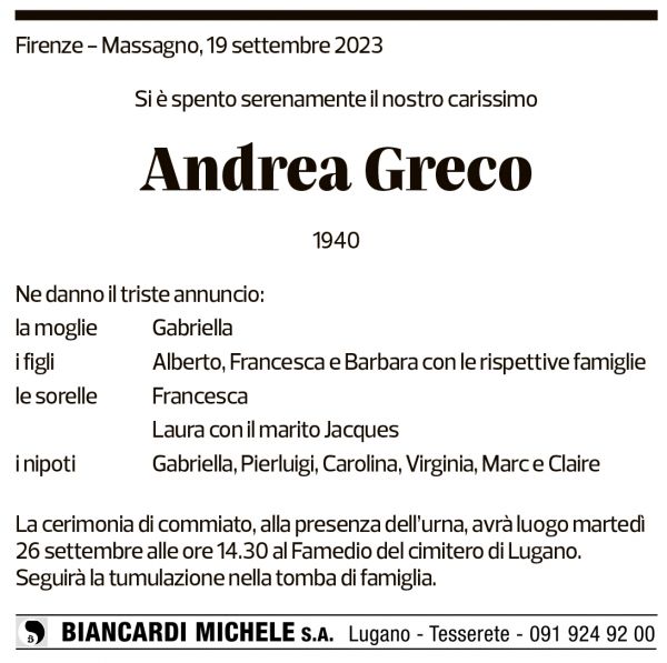 Annuncio funebre Andrea Greco