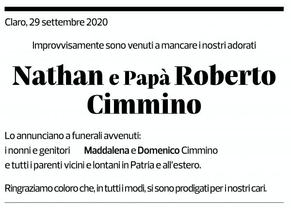 Annuncio funebre Nathan E Papà Roberto Cimmino
