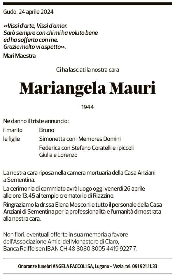 Annuncio funebre Mariangela Mauri