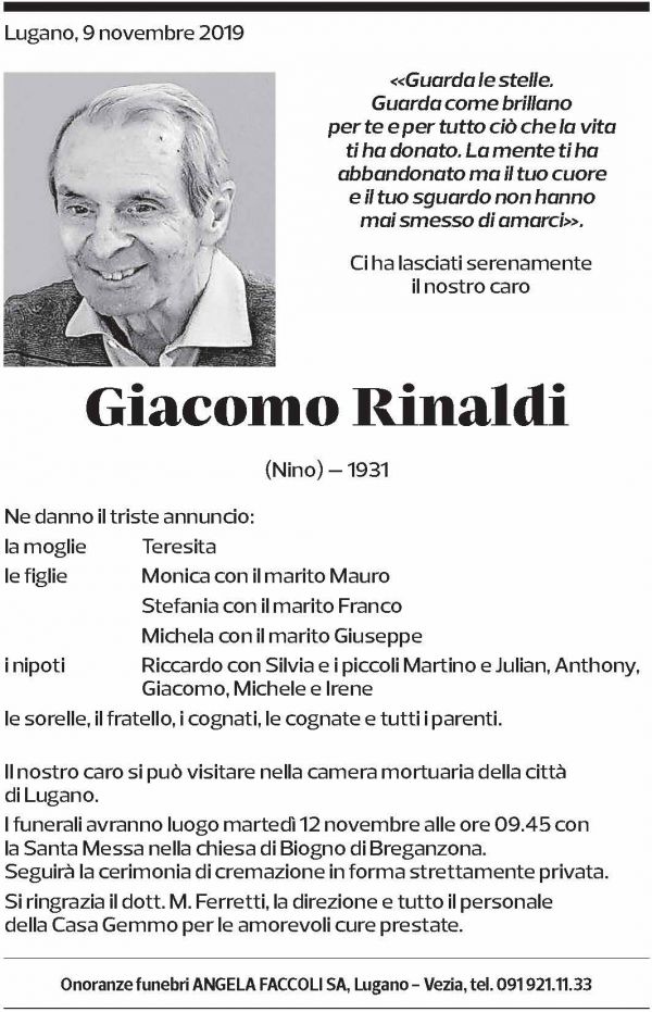 Annuncio funebre Giacomo Rinaldi