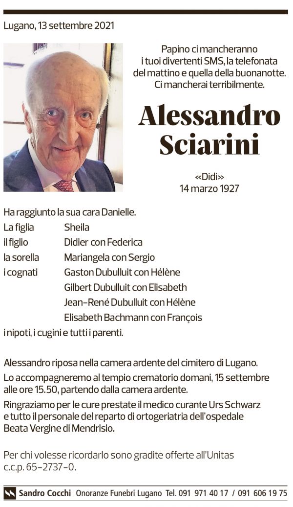 Annuncio funebre Alessandro Sciarini