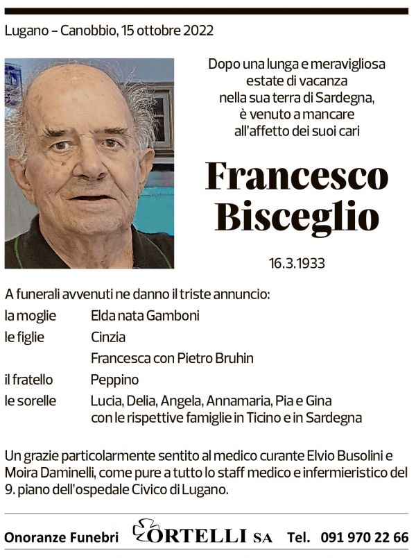 Annuncio funebre Francesco Bisceglio