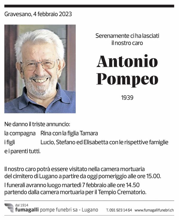 Annuncio funebre Antonio Pompeo