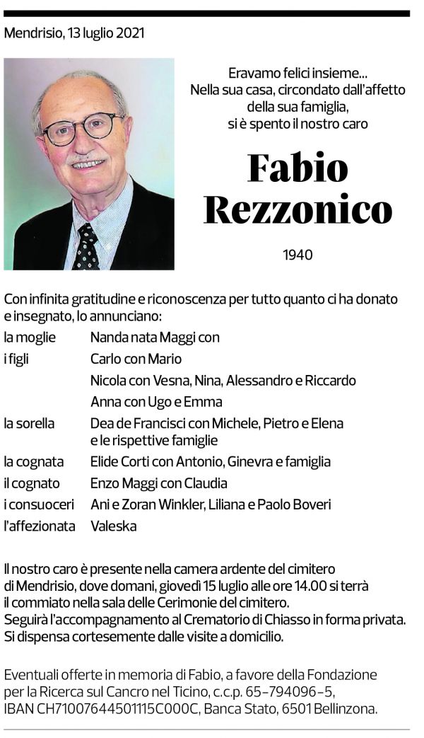 Annuncio funebre Fabio Rezzonico