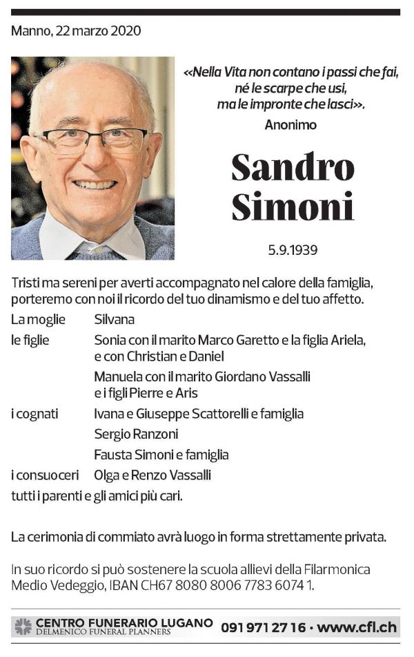 Annuncio funebre Sandro Simoni