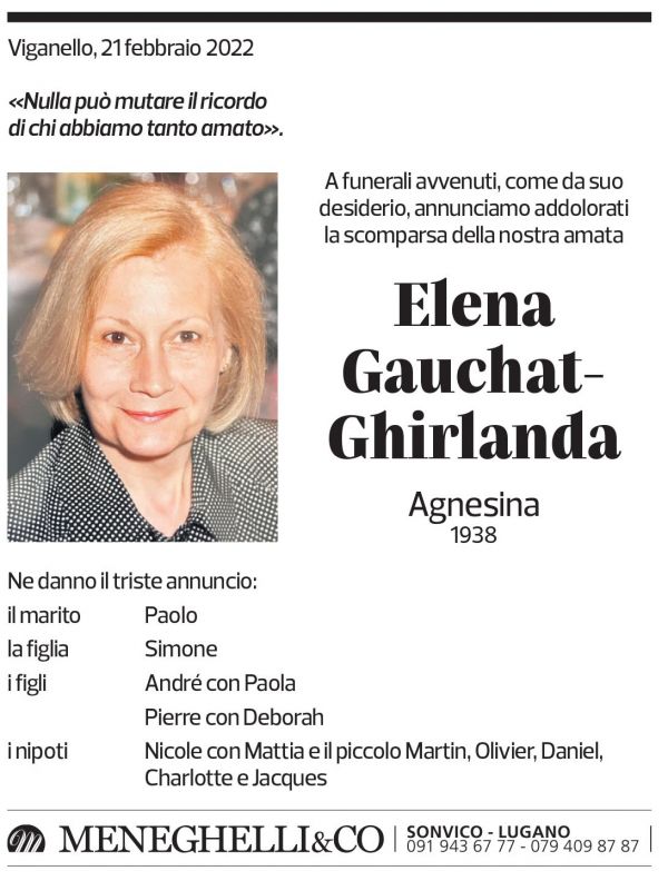 Annuncio funebre Elena Gauchat-ghirlanda