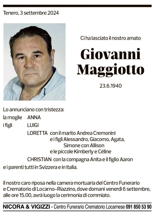 Annuncio funebre Giovanni Maggiotto