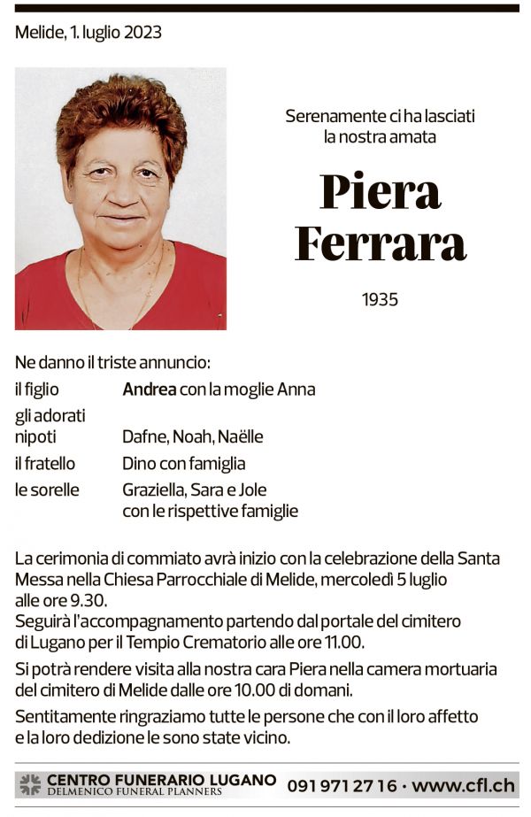 Annuncio funebre Piera Ferrara