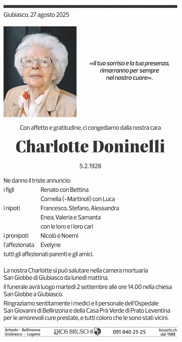 Annuncio funebre Charlotte Doninelli