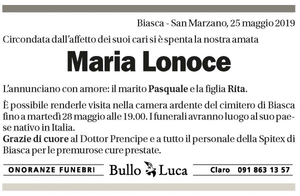 Annuncio funebre Maria Lonoce