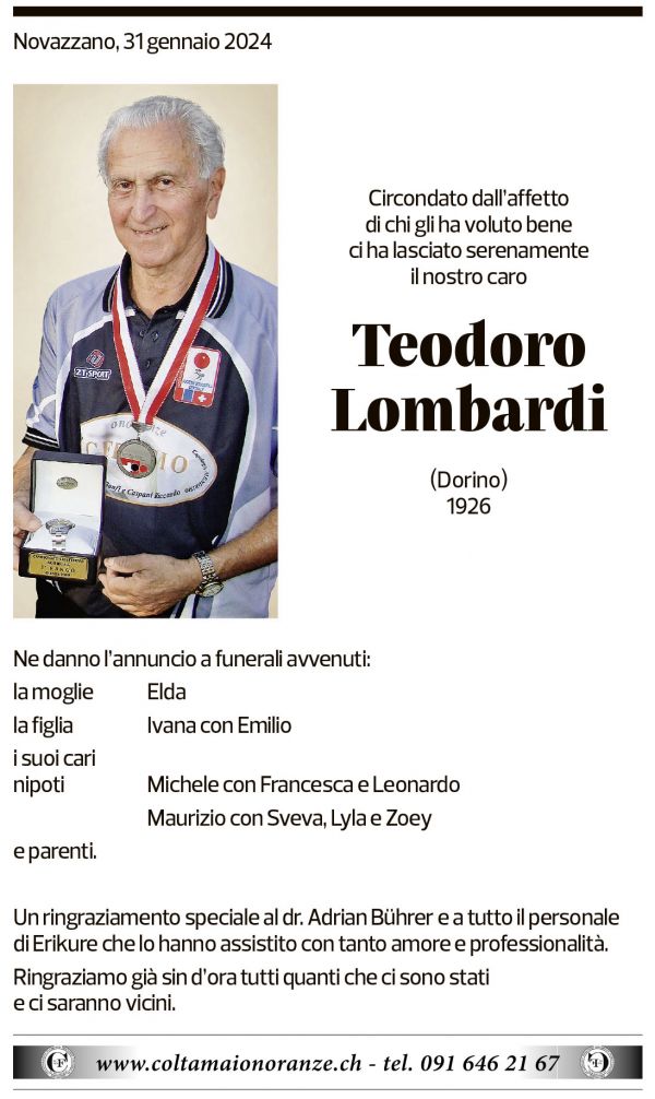 Annuncio funebre Teodoro Lombardi