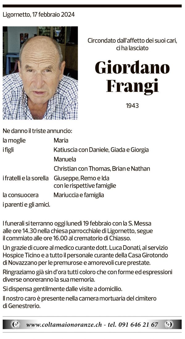 Annuncio funebre Giordano Frangi