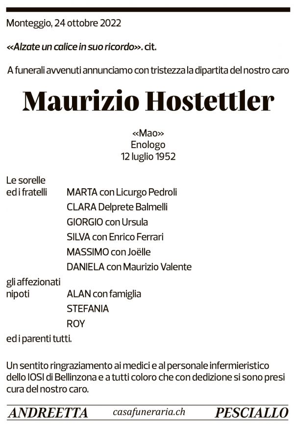 Annuncio funebre Maurizio Hostettler