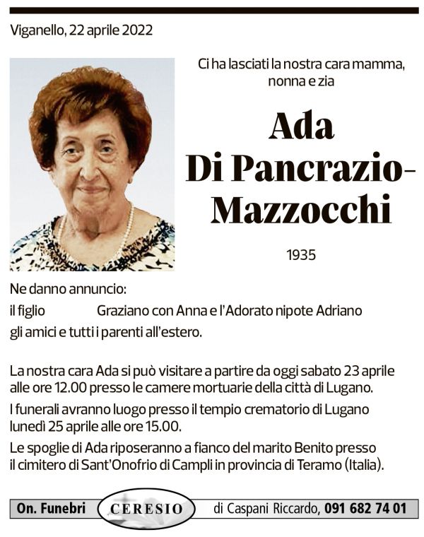 Annuncio funebre Ada Di Pancrazio-mazzocchi